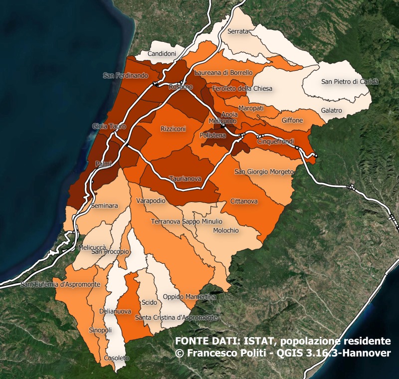 Distribuzione densità di popolazione Piana di Gioia Tauro