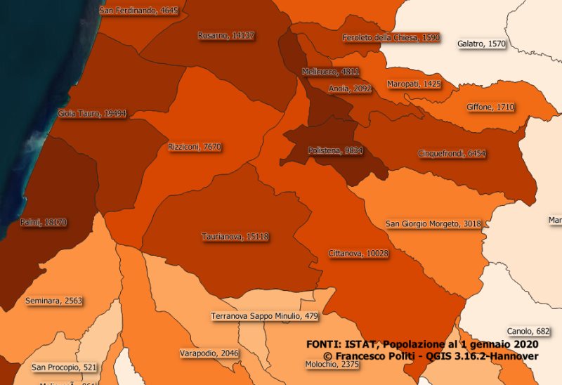 Distribuzione densità di popolazione Piana di Gioia Tauro